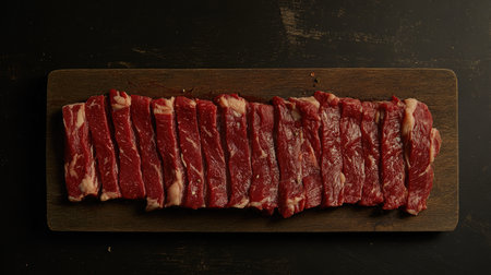 Capture the essence of gourmet cooking with this fresh raw beef display, perfect for culinary projects, recipe inspirations, or food photography in a vibrant kitchen setting.の素材