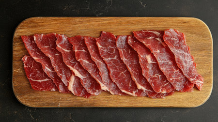 Freshly sliced beef laid out neatly on a wooden board, perfect for showcasing meat for a variety of delicious recipes and culinary presentations. Ideal for food lovers and chefs.の素材
