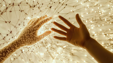 Two hands reach towards each other, symbolizing the connection between technology and humanity in a vibrant, abstract, and illuminated environment full of potential.の素材