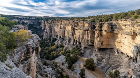 Explore a breathtaking canyon landscape featuring majestic cliffs and lush trees under a stunning blue sky, ideal for nature lovers and adventure seekers.の素材