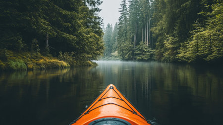 Experience the calm of kayaking on a misty river, embraced by towering trees and lush greenery, creating a perfect setting for relaxation and adventure in nature.の素材