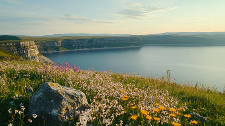 A breathtaking coastal landscape at sunrise, showcasing vibrant wildflowers in the foreground, calm waters reflecting cliffs, and serene natural beauty perfect for outdoor enthusiasts.の素材