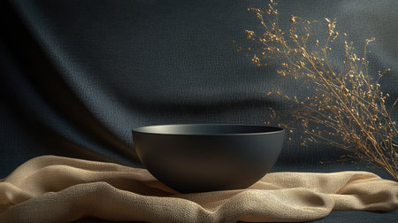 A striking black bowl rests on soft fabric, accompanied by delicate dried flowers, creating a harmonious and minimalist atmosphere for stylish interiors and decor.の素材
