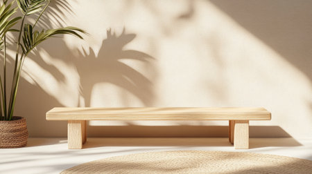 Discover a serene minimalist interior featuring a warm wooden bench, shadow play, and lush green plant, creating a tranquil and inviting atmosphere ideal for modern living spaces.の素材