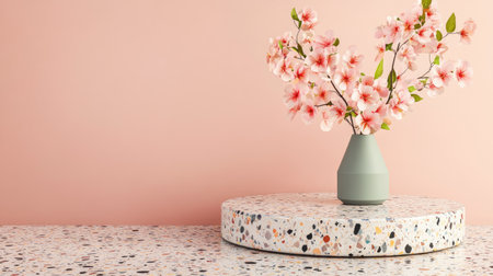 A chic modern setup featuring delicate pink blossoms in a minimalist vase atop a textured table. The soft pink background enhances the serene aesthetic of this interior space.の素材
