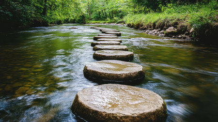 A serene river landscape showcasing smooth stone stepping stones leading across clear water, surrounded by lush greenery and the tranquility of natureの素材