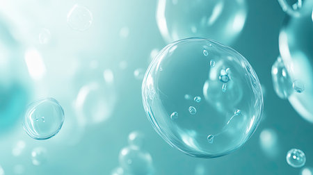 A captivating image of translucent bubbles floating in a soft blue and green background, showcasing light reflections and evoking feelings of tranquility and freshness.の素材