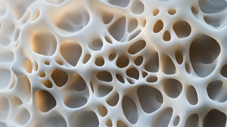 Explore the beauty of an intricate cellular structure, revealing a mesmerizing network of organic forms and delicate patterns in soothing beige and white tones, perfect for various creative projects.の素材