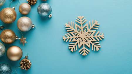 Experience the charm of winter holidays with this arrangement of gold and silver Christmas ornaments beside a beautiful wooden snowflake on a soft blue background.の素材