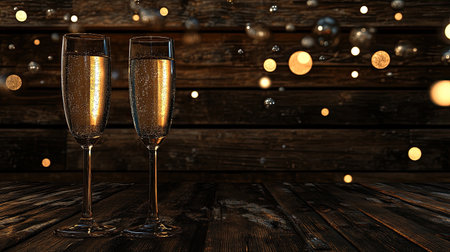 Two elegant champagne glasses filled with sparkling bubbles stand on a rustic wooden table, surrounded by glowing golden lights, perfect for celebrating special moments and joyful occasions.の素材