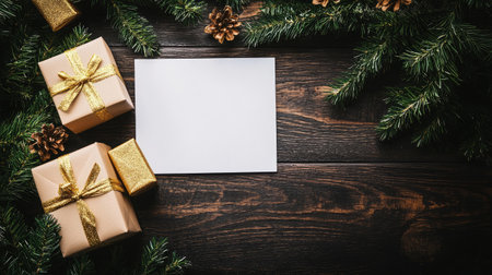 Cozy and festive arrangement featuring gift boxes, pine branches, and a blank card on a rustic wooden table, ideal for holiday greetings or seasonal celebrations.の素材