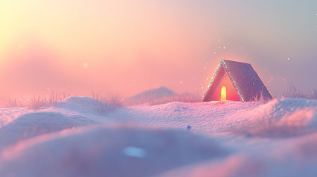 A charming winter cabin nestled in a snowy landscape, illuminated by a warm light, creating a tranquil atmosphere against a colorful dusk sky. Perfect for evoking holiday feelings.の素材