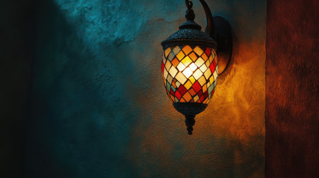 An enchanting mosaic lantern casts a soft warm glow against a textured wall, creating a serene and inviting atmosphere ideal for enhancing any interior space.の素材