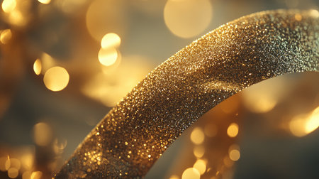 A close-up of a shimmering gold ribbon set against a soft bokeh background, creating a warm and festive atmosphere ideal for holiday and celebratory themes.の素材