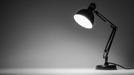 A sleek black desk lamp with an adjustable arm casts a soft glow in a minimalist setting, perfect for enhancing any modern workspace or artistic environment.の素材