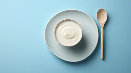 Enjoy a serving of fresh creamy yogurt presented in a bowl on a light blue background, accompanied by a wooden spoon, perfect for healthy snacks or breakfasts.の素材