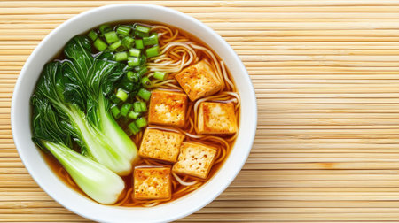 A vibrant bowl of noodle soup featuring soft tofu, fresh bok choy, and green onions, set on a bamboo mat, ideal for culinary enthusiasts and healthy eating.の素材