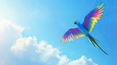 A stunning parrot flies gracefully against a bright blue sky adorned with fluffy clouds, showcasing its vibrant colors and intricate feather patterns.の素材