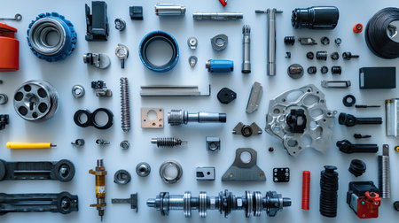 A detailed arrangement of various mechanical parts and tools on a light surface, showcasing elements used in engineering, assembly, and manufacturing applications.の素材
