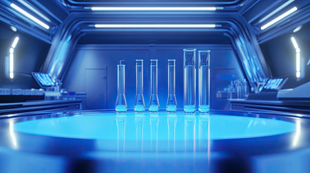 A modern laboratory scene showcasing glassware under blue LED lighting. The setting features test tubes and flasks arranged neatly, perfect for scientific research.の素材