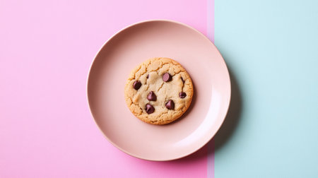 A single chocolate chip cookie rests on a pastel pink and blue background, showcasing its round shape and deliciousness. Perfect for dessert lovers.の素材
