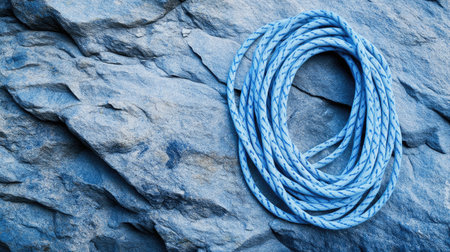 A vibrant blue rope is coiled neatly on a rugged stone surface, ideal for outdoor enthusiasts. This image evokes themes of adventure, exploration, and rugged beauty.の素材