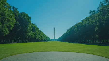 A serene view of the Washington Monument towering amidst lush green trees under a clear blue sky. A perfect representation of nature and historic beauty.の素材