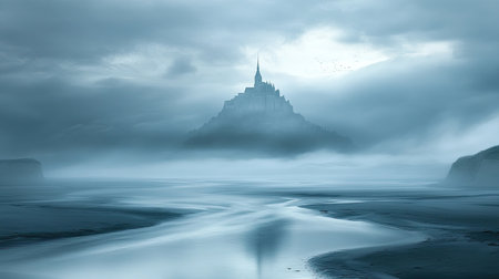 A mystical castle rises above a foggy landscape, surrounded by serene waters. This enchanting scenery captures the essence of tranquility and mystery.の素材