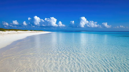 A stunning tropical beach scene featuring clear water, soft sand, and a bright blue sky dotted with fluffy clouds. A perfect destination for relaxation and beauty.の素材