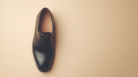 A sophisticated black leather shoe positioned on a smooth beige background, perfect for showcasing fashion, style, and elegance in footwear design.の素材