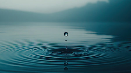 A stunning close-up of a water drop creating ripples in a calm lake, evoking serenity and tranquility. The misty background enhances the peaceful atmosphere.の素材