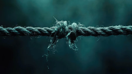 Close-up view of a frayed rope showcasing intricate fibers against a dark background. The soft light enhances texture and detail, creating a moody atmosphere.の素材