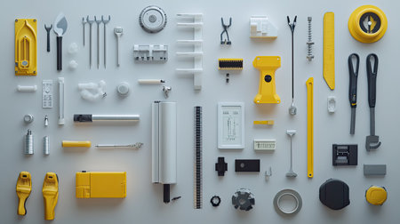 This image showcases a diverse collection of tools and accessories meticulously arranged on a light background, perfect for illustrating craftsmanship and innovation.の素材