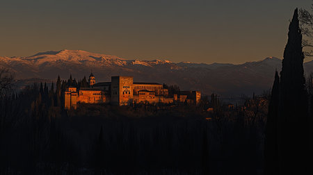 Capture the breathtaking Alhambra fortress at sunset, surrounded by snow-capped mountains. This image showcases the stunning architecture and natural beauty of Spain.の素材
