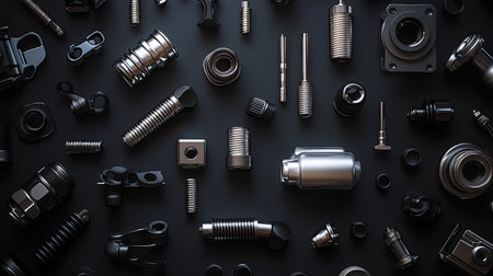 A close-up view of various metal parts and fasteners arranged systematically on a dark surface, showcasing modern industrial engineering and design details.の素材
