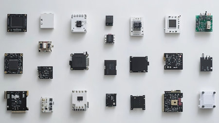 A collection of diverse electronic components and circuit boards arranged systematically, showcasing intricate designs used for technology projects and innovations.の素材