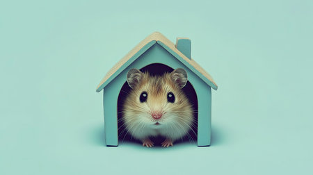 A charming hamster peers curiously from its colorful wooden house against a soft backdrop. This adorable creature captures the essence of small pet companionship.の素材