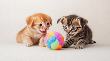 Two playful kittens, one orange and one gray, interact with a colorful ball on a soft surface, exuding joy and curiosity in a bright and cheerful setting.の素材