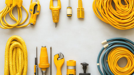 A top view layout featuring a variety of vibrant yellow tools and accessories. Ideal for DIY enthusiasts, handymen, and home improvement projects.の素材