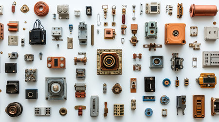 Explore a vibrant layout of vintage mechanical components and electronic parts, showcasing intricate designs and various materials for inspiration in technology and creativity.の素材