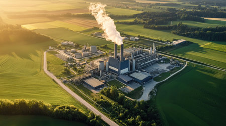 Capture an aerial view of an industrial plant with smokestacks emitting smoke, surrounded by lush greenery and fields, emphasizing the interaction of industry and nature.の素材