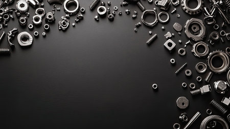 A rich array of assorted metal hardware components scattered on a dark background, showcasing various types of screws, nuts, and bolts ideal for engineering and repair projects.の素材