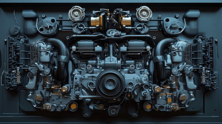 Close-up view of an industrial engine showcasing intricate machine components. The image highlights the design and engineering of mechanical parts in a modern factory setting.の素材