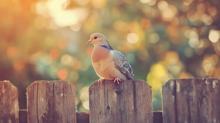 A serene dove rests gracefully on a rustic wooden fence, bathed in soft morning light. The blurred background adds to the tranquil ambiance of nature.の素材