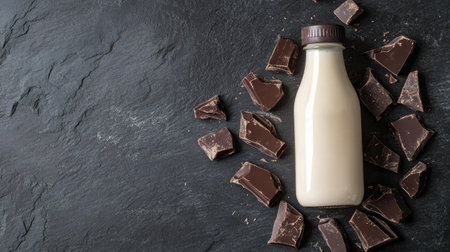 A creamy milk bottle sits elegantly amidst dark chocolate chunks on a slate background. This tempting arrangement evokes indulgence and flavor, perfect for dessert lovers.の素材