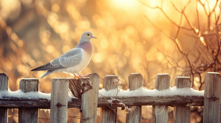 A stunning dove rests on a rustic wooden fence, bathed in the warm, golden light of sunset. This serene moment captures the beauty of nature and tranquility.の素材