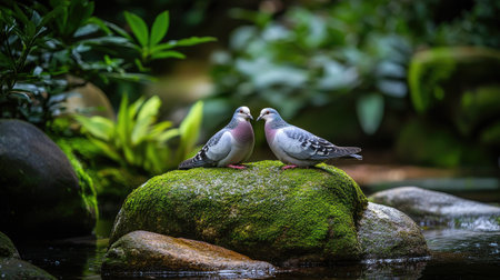 Two doves gently facing each other while perched on a moss-covered rock beside a serene pond, surrounded by vibrant greenery, representing love and tranquility in nature.の素材