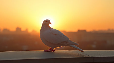 A stunning silhouette of a white bird perched against a vibrant skyline at sunrise, embodying tranquility and the beauty of nature in an urban setting.の素材