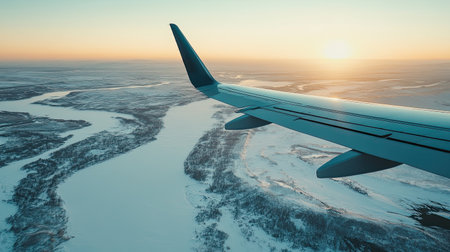 A breathtaking aerial view featuring an airplane wing above a serene snowy landscape during sunset. The colors of the sky blend beautifully with the peaceful scenery below.の素材
