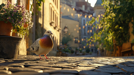 A colorful bird strolls along a cobblestone street in a quaint village. The sunlight illuminates the charming architecture, creating a serene atmosphere.の素材